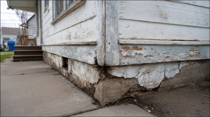 Close up of damaged foundation and peeling paint on the side of a house