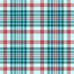 Classic tartan pattern in teal, red and pale blue. Seamless, symmetrical design. Ideal for backgrounds, textiles, or vintagethemed projects. Versatile texture.