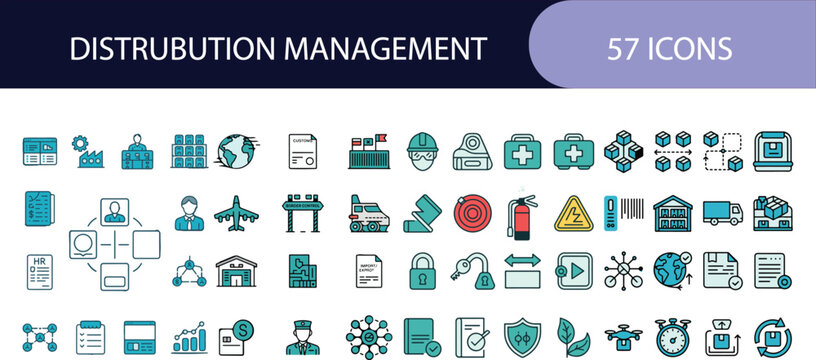 Comprehensive distribution management icons for logistics supply chain and business operations