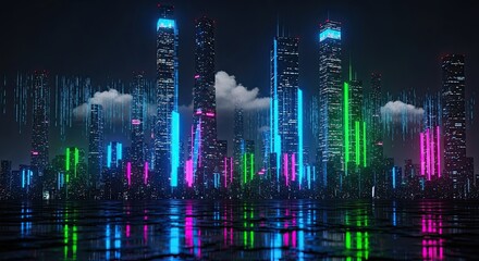 Futuristic city skyline made of RGB glitch lines and pixel distortion, neon skyscrapers glowing in cyberpunk tones 