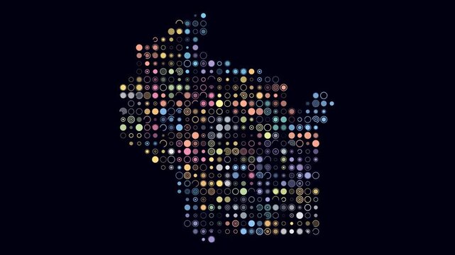 Wisconsin animated shape. Pulsating colored dots on the map of the state. Large size circle blocks. Digital style Wisconsin map on dark background. Modern animation video.