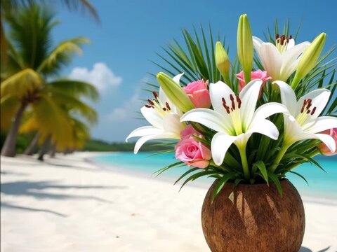 Tourist video
bouquet of tropical white lilies and pink rose flowers 
in vase from broken coconut on sandy beach of ocean shore
in Maldives. Wedding animation with palm trees, azure ocean. 
