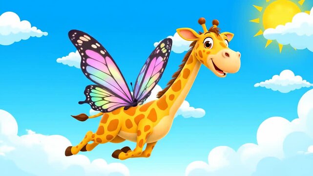 Cartoon giraffe with butterfly wings flying in blue sky with sun