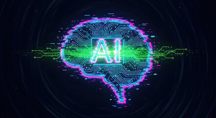 Obraz premium glowing AI circuit board icon formed from glitch lines and distortion, neon data flow pattern, futuristic holographic look 