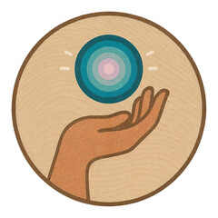 A circular wood textured emblem shows a hand cupping a concentric blue coin with a lavender center and white glow accents, rendered as a clean modern vector design.