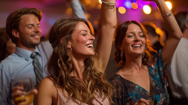 Wedding dance celebration, Bride happily dancing among guests with festive lighting, Newlywed shares first dance amid joyful wedding celebration