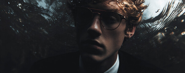Man in glasses submerging underwater creating bubbles, concepts of stress and drowning