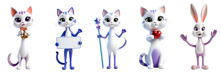 Adorable cartoon characters include a white cat with a bell, a blue cat with a sign, a magical cat, a heart-holding cat, and a cheerful rabbit, ideal for holiday designs