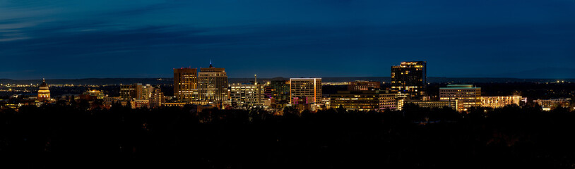 Skyline of Boise Idaho at night panoramic format