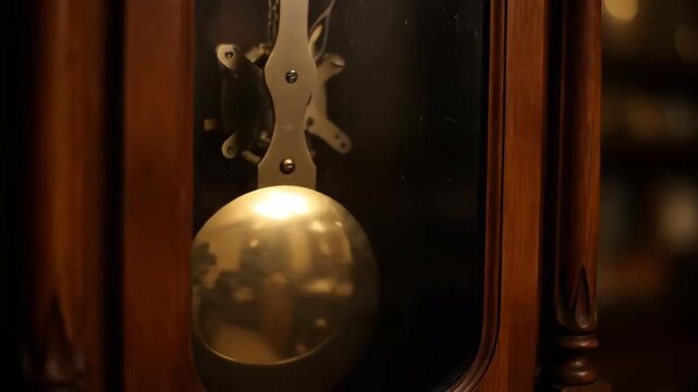 Close up of a pendulum clock mechanism detailing time passing and precision