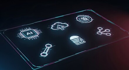 Set of glowing technology icons made of glitch lines and digital distortion, minimalist symbols like AI chip, cloud, data, and connection 