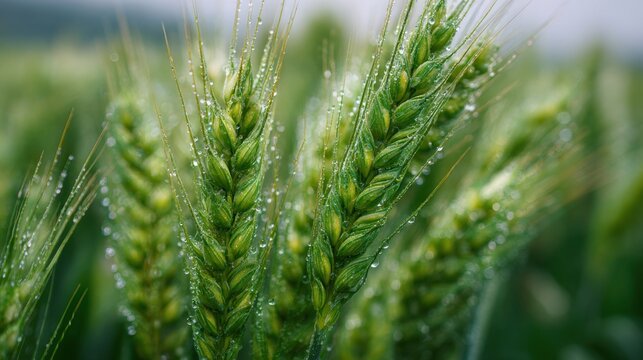 Close up of green wheat with dew drops on a blurred background