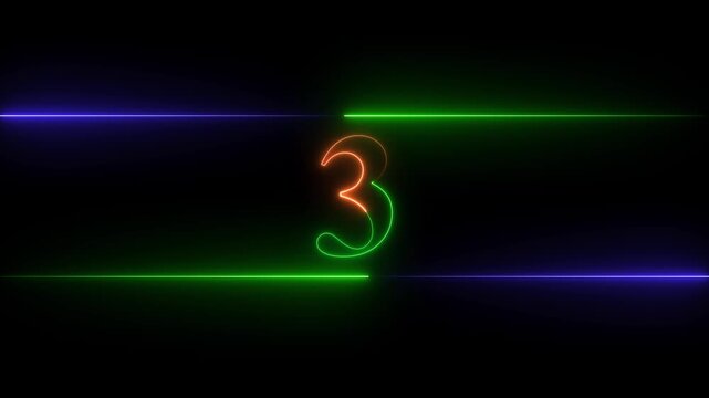 Neon glowing text number 3 icon and neon glowing Red And Green  number text sign icon animation black background 4k animation