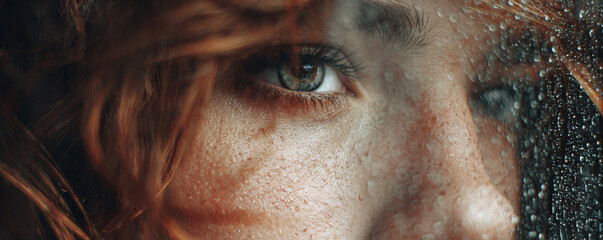Woman's thoughtful eye looking through rainy window, reflecting on emotions