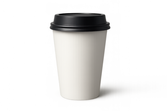 White paper coffee cup with a black plastic lid, perfect for takeaway hot beverages, isolated on a transparent background