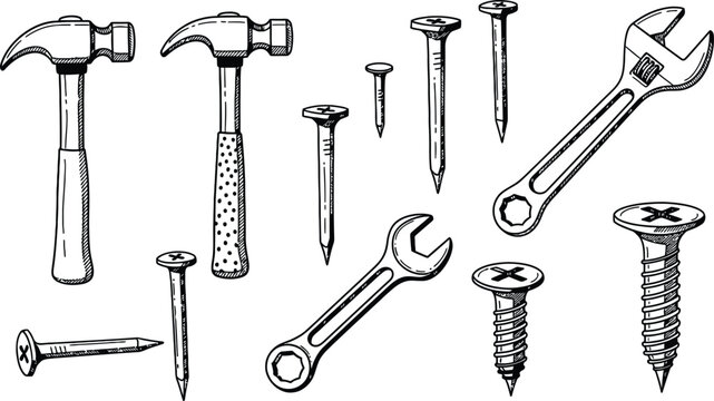 Doodle icons of tools, hammer, wrench, screw, nails, engineering sketch vector.