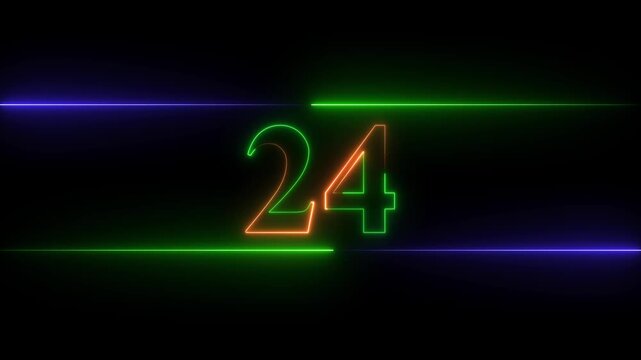 Neon glowing text number 24 icon and neon glowing Red And Green  number text sign icon animation black background 4k animation