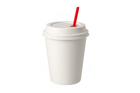 White disposable paper cup with a plastic lid and red straw, perfect for cold drinks, takeaway, and fast food branding