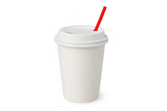 White disposable paper cup with a red straw, a plastic lid, and featuring a transparent background, perfect for customization