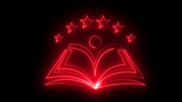Neon book icon line Continuous art drawing of book template.. Open book icon animation. Neon glowing