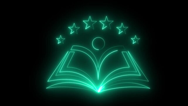 Neon book icon line Continuous art drawing of book template.. Open book icon animation. Neon glowing