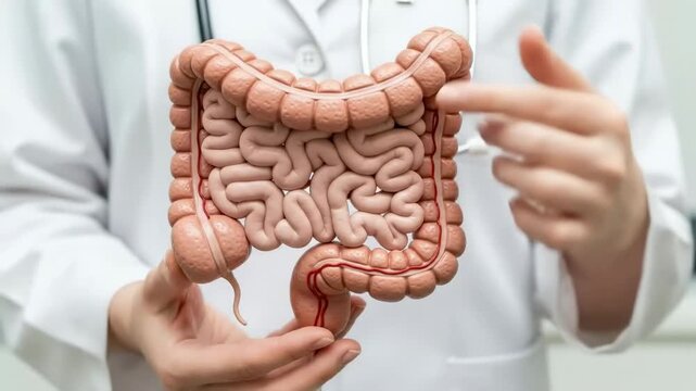 Close-up de un m&eacute;dico mostrando el funcionamiento del intestino en un modelo 3D que sostiene en sus manos