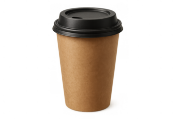 Coffee cup made of recyclable paper for takeaway beverage with black plastic lid, isolated on transparent background