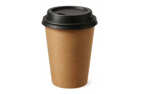 Coffee cup made of recyclable paper for takeaway beverage with black plastic lid, isolated on transparent background