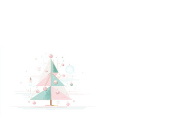 Sapin de No&euml;l g&eacute;om&eacute;trique rose et vert pastel sur fond blanc minimaliste avec d&eacute;corations hivernales et espace n&eacute;gatif copyspace