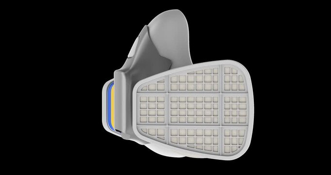 Professional half-face respirator mask with filter cartridges rotation animation seamlessly loopable. 3D rendering isolated on transparent background