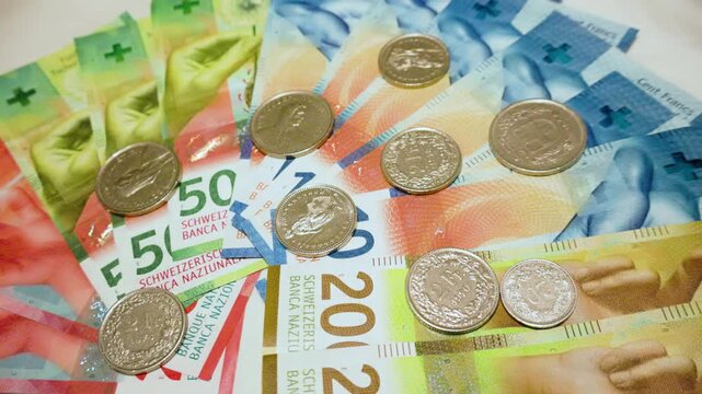 vibrant arrangement of swiss franc banknotes and shiny coins 