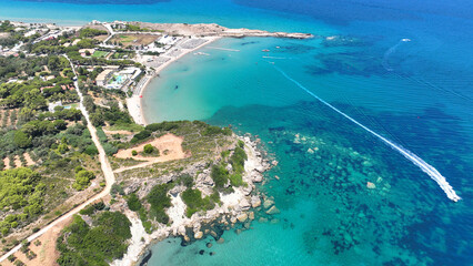 Obraz premium Aerial drone photo of famous sandy beach of Agios Nikolaos in south east area of Zakinthos island, Ionian Sea, Greece