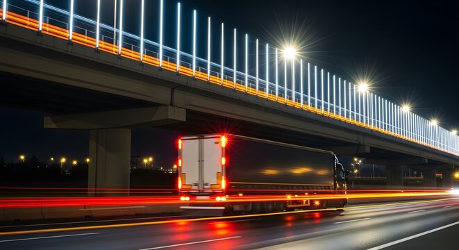Night Highway Freight: A commercial truck navigates a brightly illuminated highway at night, with long exposure tail lights and the bridge above.