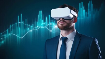 Businessman Wearing VR Headset In Suit With Digital Data Background. Virtual Reality Technology Concept - Powered by Adobe