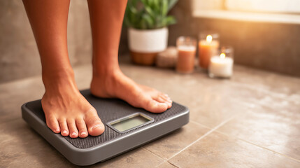 Bare feet standing on a black digital scale, monitoring weight as part of a healthy lifestyle routine in a spa like bathroom