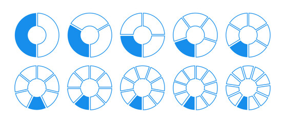 Blue graph icon pie, pizza shape section charts. Blue circles diagram divided 2, 3, 10, 7, 8, 9, 10, 11 equal parts. Coaching blank template. Set of segments blue wheel round divide infographic.