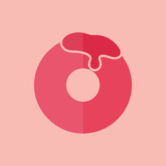 A pink donut with a hole has dripping pink frosting on top.