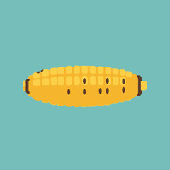 A yellow corn cob with brown kernels is shown horizontally.