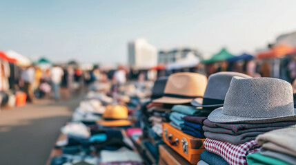 Obraz premium Assorted hats and folded clothing displayed on an outdoor stall, with people blurred in the background, creating a bustling market scene