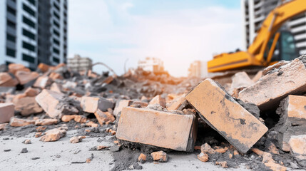Demolition rubble and concrete debris with broken bricks and fragments lying on the ground, creating a scene of urban development and destruction