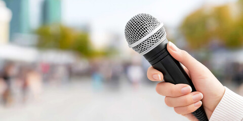 Person holding a professional microphone, capturing concepts of public speaking, media, music, and live events