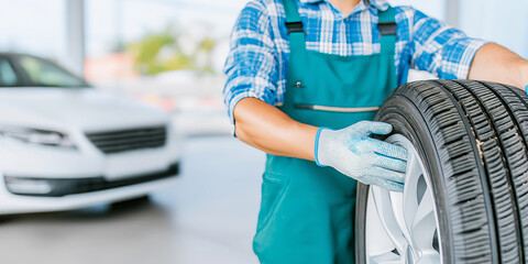 Professional mechanic in overalls and gloves handling a new car tire, ready for automotive repair and vehicle maintenance