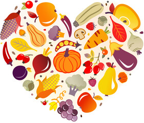 I heart food vector illustration. Colourful heart of healthy red, purple & yellow vegetables & fruit - autumn / thanksgiving harvest - healthy eating, balanced diet, nutrition, organic groceries.