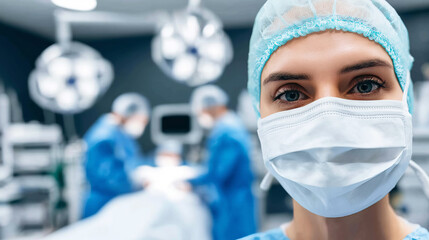 Dedicated female doctor ready for operating room, wearing a surgical mask and cap, with blurred medical team working in background