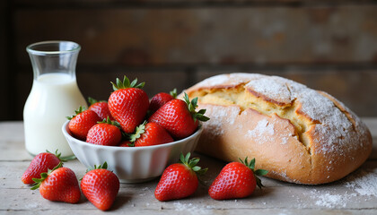  A delicious composition of freshly baked bread, strawberries and milk evokes associations with breakfast or a light snack.