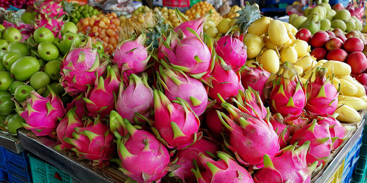 Fresh dragon fruit and colorful tropical produce abundantly displayed at a market stall in Phuket, Thailand