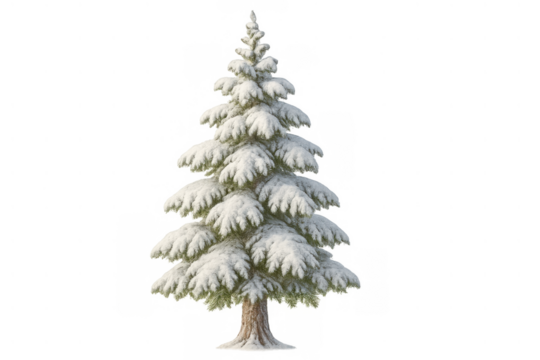 Winter spruce tree covered in snow on transparent background creating a festive christmas holiday season atmosphere