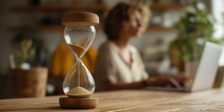 Hourglass marking time for a woman working remotely on her laptop. Concept of productivity and time management in a home office
