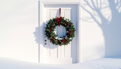 White door decorated with a festive holiday wreath made of red berries, pinecones, and green foliage, hung with a red ribbon—set against a snowy winter backdrop