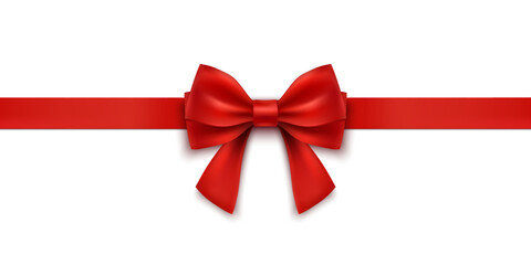 Red Bow Realistic shiny satin with shadow isolated on white background for decorate wedding invitation card , greeting card or gift boxes. vector illustration
